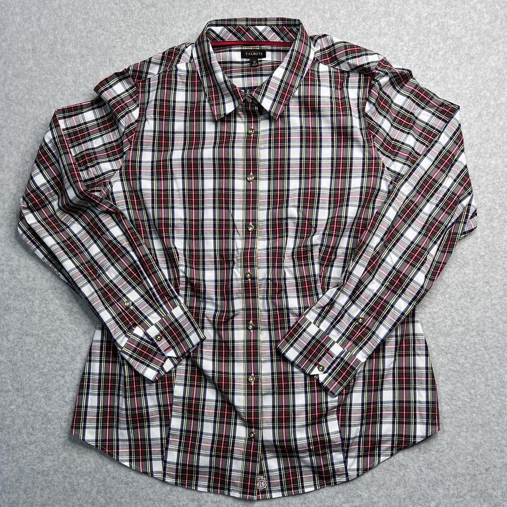 Talbots Top Women's 12 Long Sleeve Non-Iron Button Up Multi Color Plaid Shirt